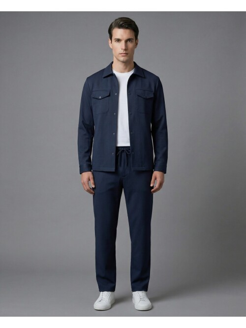 Lacivert Gömlek Yaka Safari Cep Comfort Fit Spor Takım