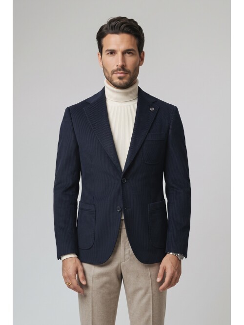Navy Blue Velvet Notch Lapel Slim Fit Jacket