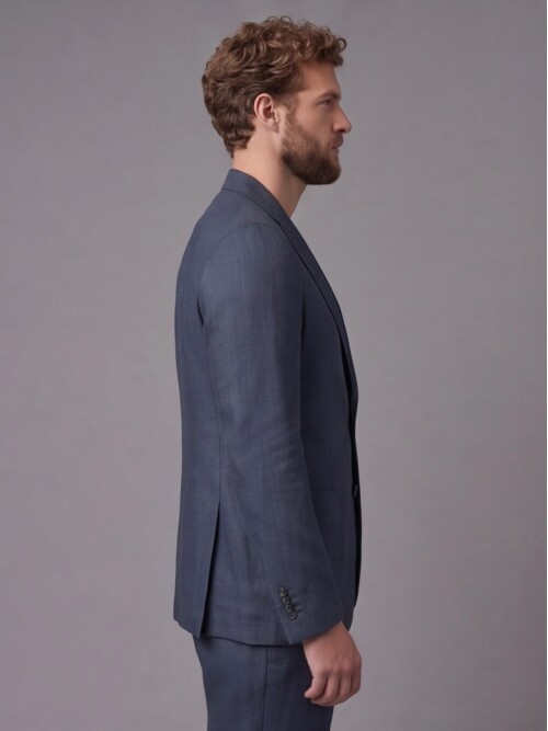 Lacivert Keten Sivri Yaka Comfort Fit Torba Cep 2 Düğme Takım Elbise