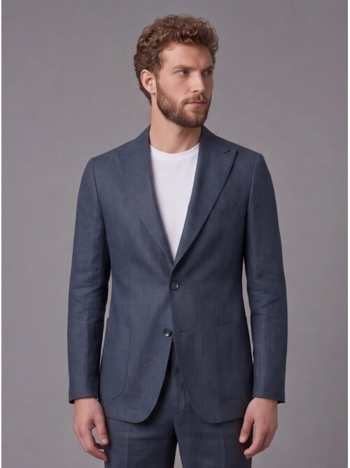 Lacivert Keten Sivri Yaka Comfort Fit Torba Cep 2 Düğme Takım Elbise