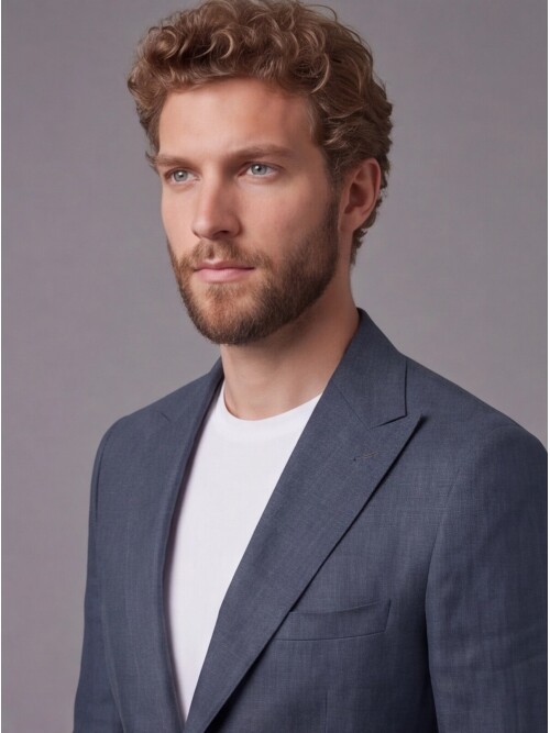 Lacivert Keten Sivri Yaka Comfort Fit Torba Cep 2 Düğme Takım Elbise