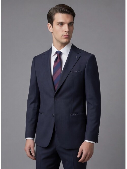 Lacivert Mono Yaka Çift Düğmeli Takım Elbise