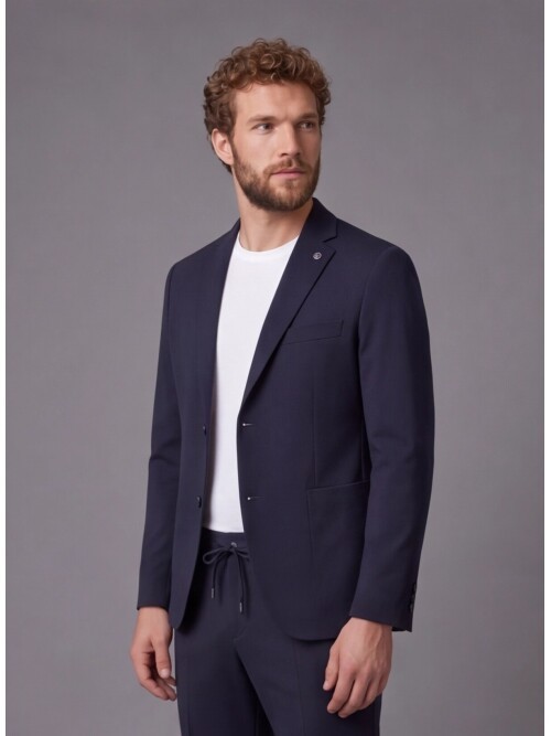 Navy Blue Mono-Neck Suit with Patch Pockets