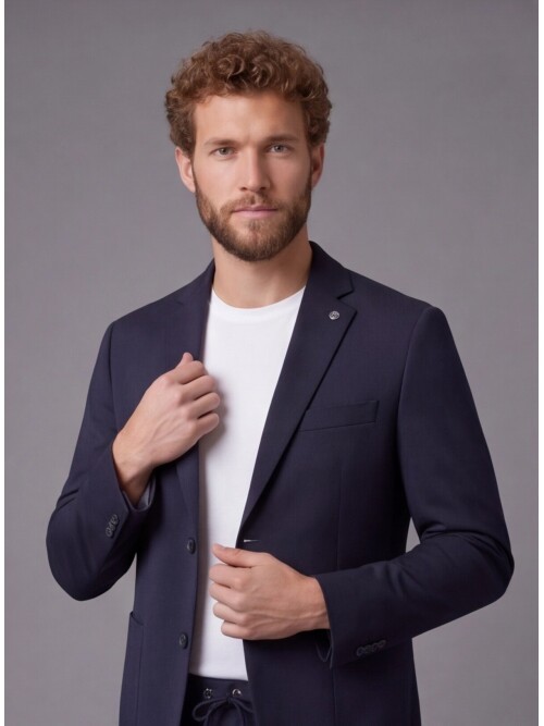 Navy Blue Mono-Neck Suit with Patch Pockets