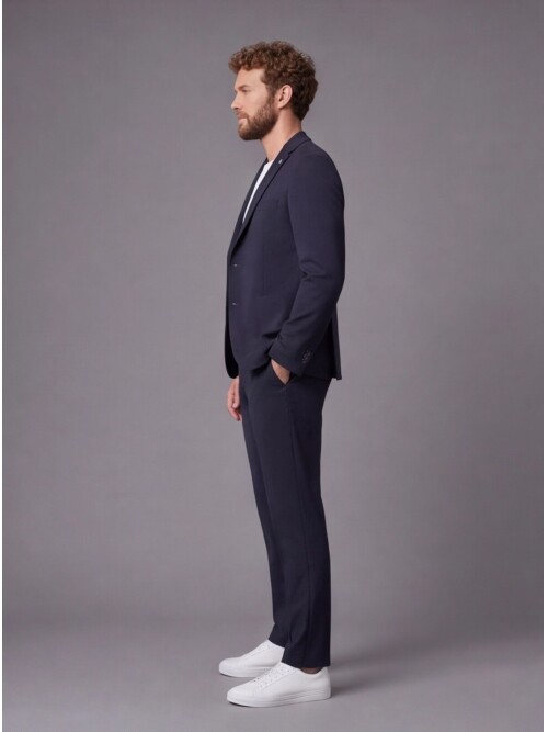 Navy Blue Mono-Neck Suit with Patch Pockets
