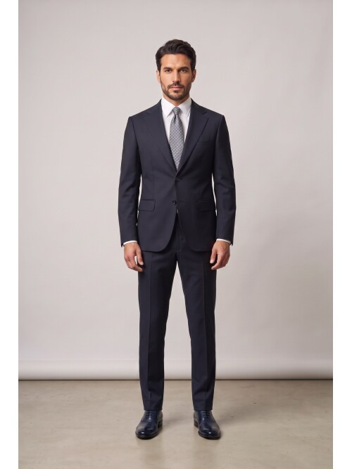 Lacivert Mono Yaka Yünlü 2 Düğme Comfort Fit Takım Elbise