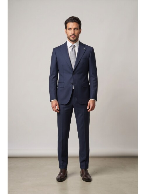 Lacivert Mono Yaka Yünlü 2 Düğme Comfort Fit Takım Elbise