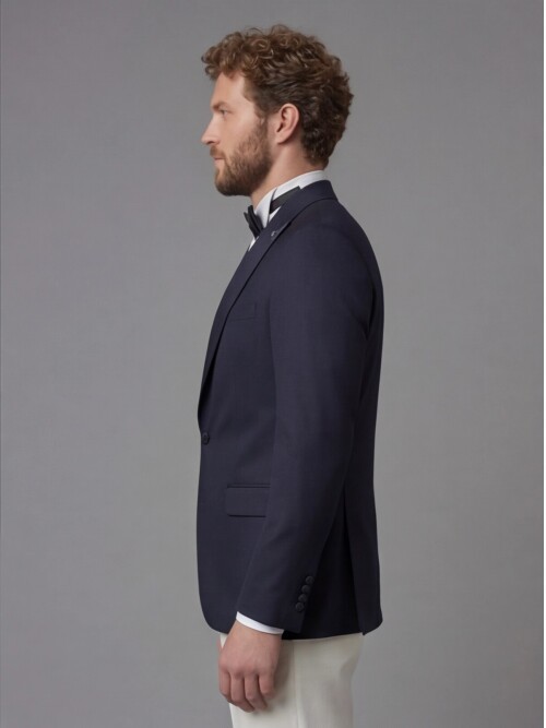 Navy Blue Peak Lapel Comfort Fit Single Button Tuxedo Jacket & White Trousers Suit Combination