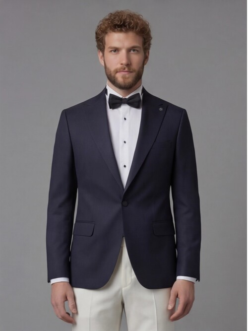 Navy Blue Peak Lapel Comfort Fit Single Button Tuxedo Jacket & White Trousers Suit Combination