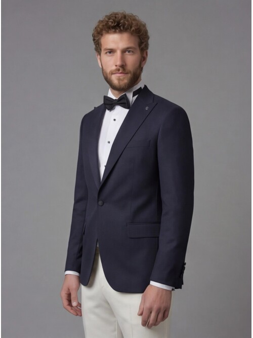 Navy Blue Peak Lapel Comfort Fit Single Button Tuxedo Jacket & White Trousers Suit Combination