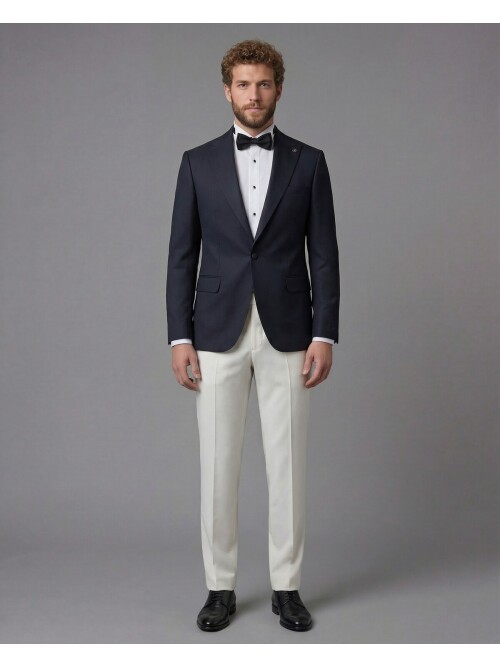 Navy Blue Peak Lapel Comfort Fit Single Button Tuxedo Jacket & White Trousers Suit Combination