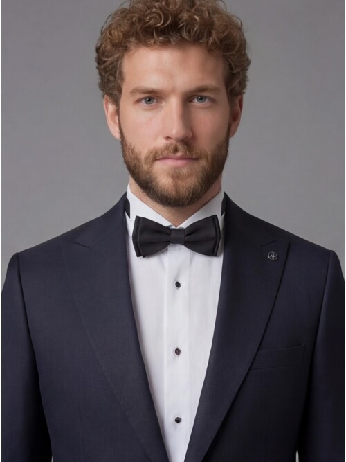 Navy Blue Peak Lapel Comfort Fit Single Button Tuxedo Jacket & White Trousers Suit Combination