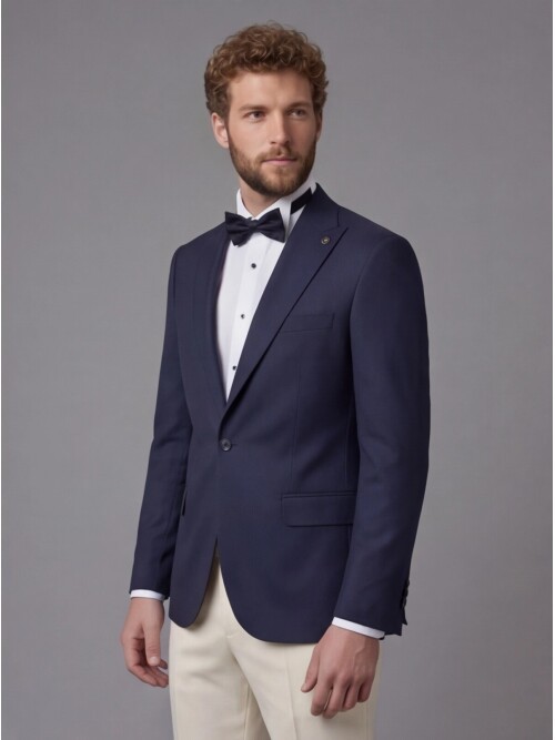 Navy Blue Peak Lapel Comfort Fit Single Button Tuxedo Jacket & Beige Trousers Suit Combination