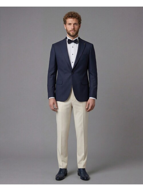 Navy Blue Peak Lapel Comfort Fit Single Button Tuxedo Jacket & Beige Trousers Suit Combination