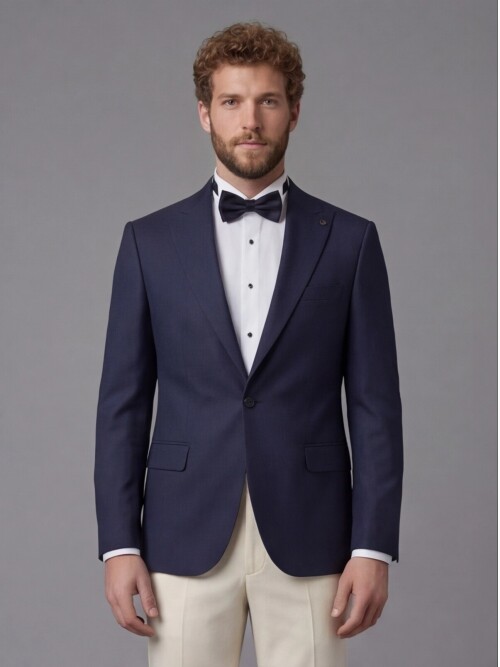 Navy Blue Peak Lapel Comfort Fit Single Button Tuxedo Jacket & Beige Trousers Suit Combination