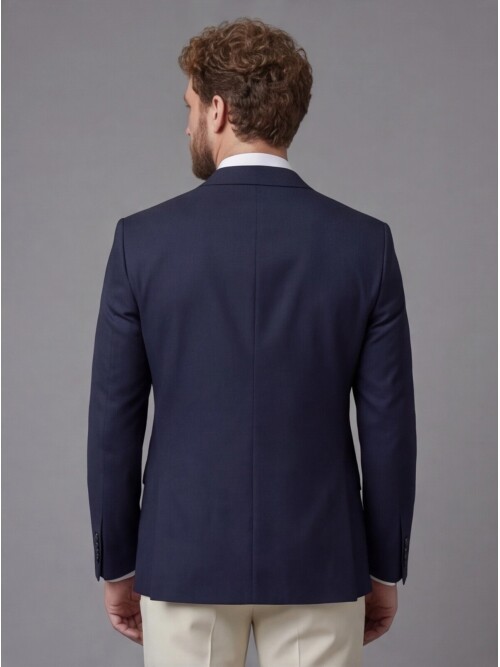 Navy Blue Peak Lapel Comfort Fit Single Button Tuxedo Jacket & Beige Trousers Suit Combination