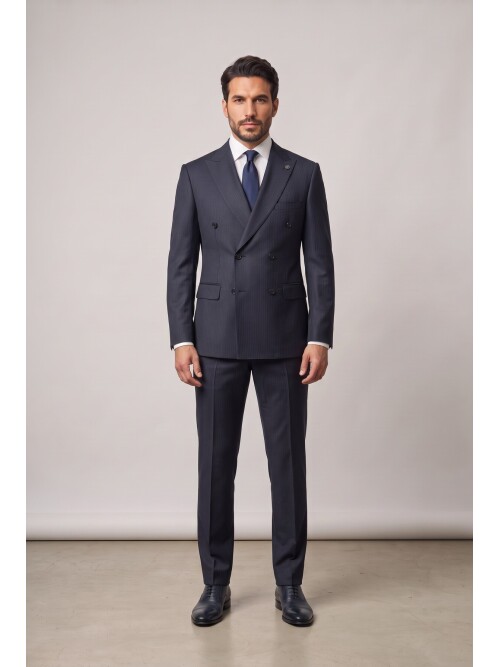 Navy Peak Lapel Pinstripe Double Breasted Suit