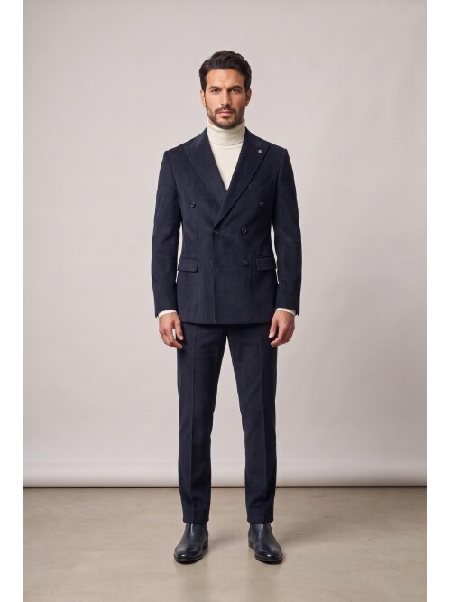 Navy Peak Lapel Velvet Double Breasted Suit