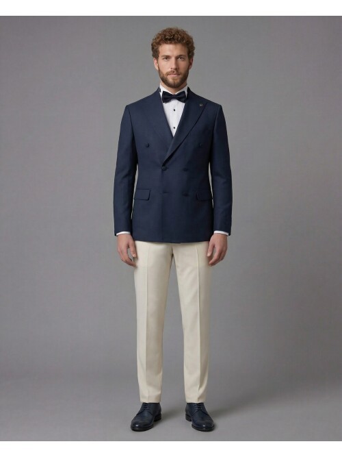 Navy Blue Peak Lapel Double-Breasted Blazer & Beige Trousers Combination Suit