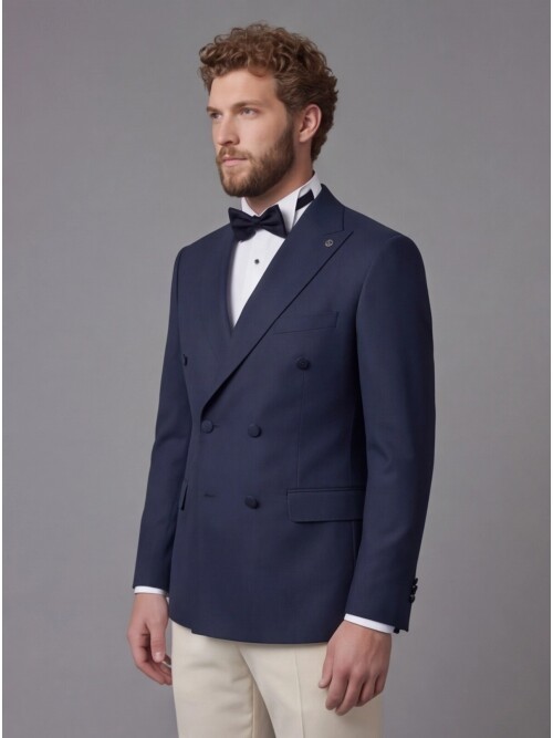 Navy Blue Peak Lapel Double-Breasted Blazer & Beige Trousers Combination Suit