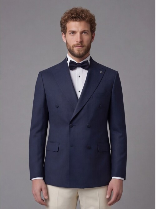 Navy Blue Peak Lapel Double-Breasted Blazer & Beige Trousers Combination Suit