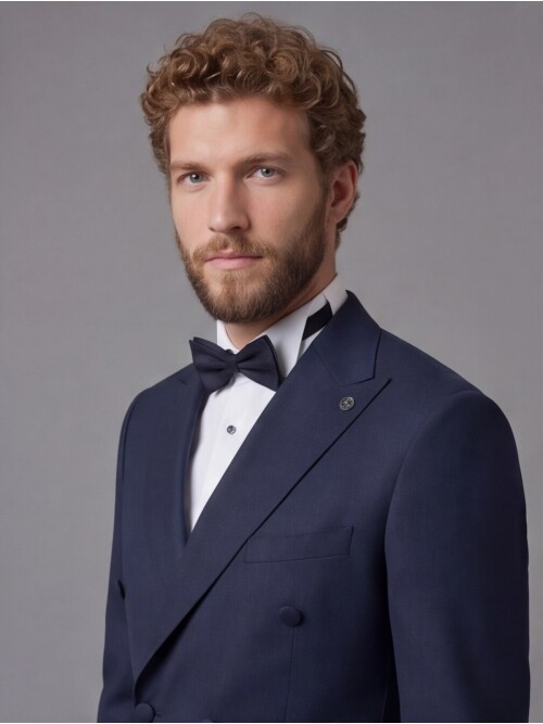 Navy Blue Peak Lapel Double-Breasted Blazer & Beige Trousers Combination Suit