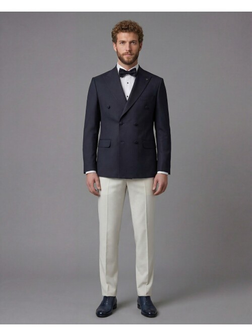 Navy Blue Peak Lapel Double-Breasted Blazer & White Trousers Combination Suit