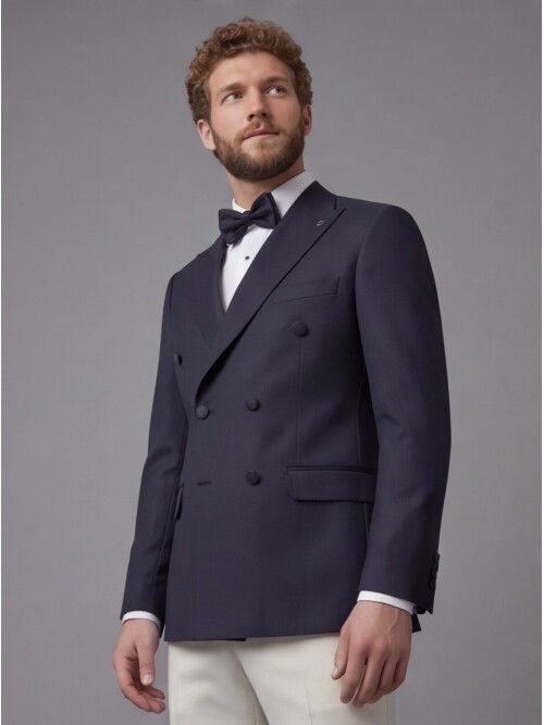 Navy Blue Peak Lapel Double-Breasted Blazer & White Trousers Combination Suit