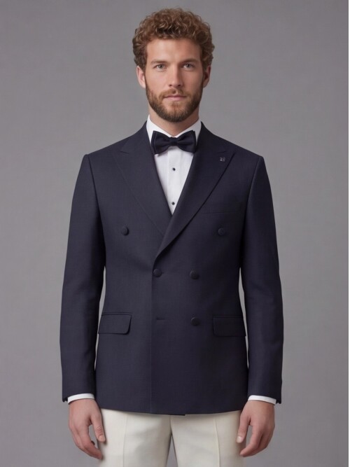 Navy Blue Peak Lapel Double-Breasted Blazer & White Trousers Combination Suit