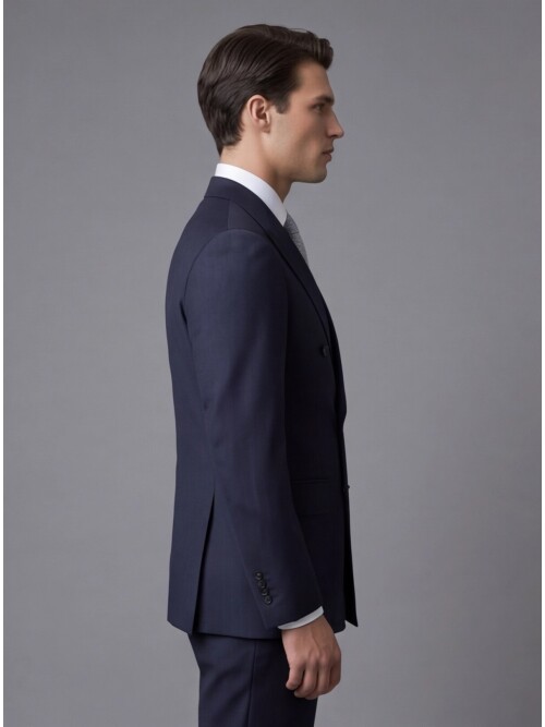 Lacivert Sivri Yaka Yünlü Kruvaze Takım Elbise