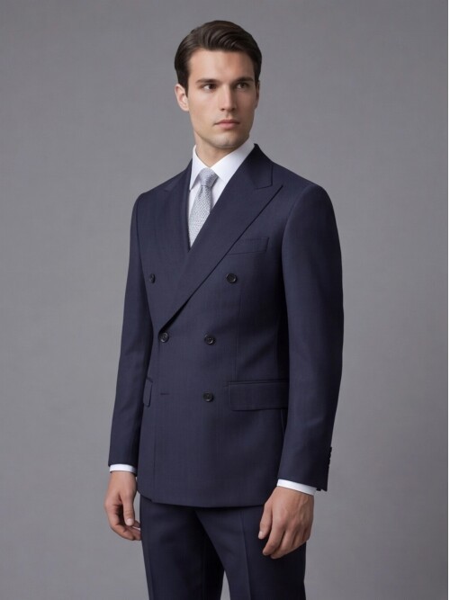 Lacivert Sivri Yaka Yünlü Kruvaze Takım Elbise