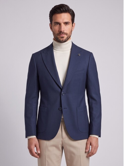 Navy Blue Pointed-Collar Jacket with Patch Pockets