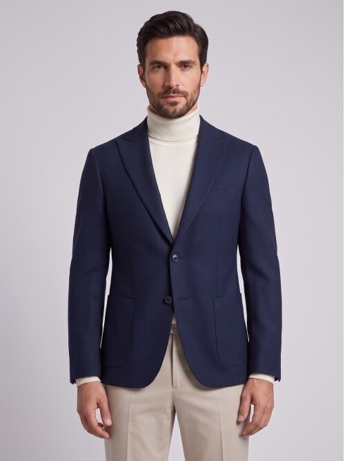 Dark Navy Peak Lapel Patch Pocket Blazer
