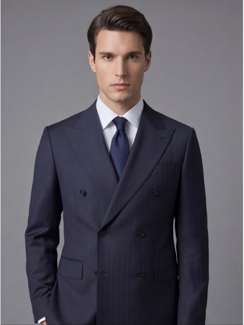 Lacivert Sivri Yaka Yünlü Kruvaze Takım Elbise