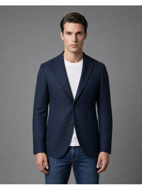 Navy Blue Slim Fit Single Breasted Patch Pocket Blazer
