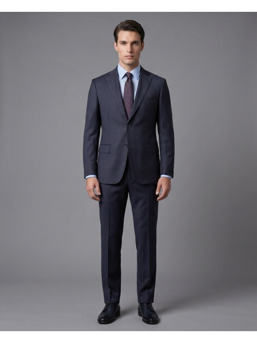 Lacivert Yünlü Mono Yaka Regular Fit 2 Düğme Takım Elbise