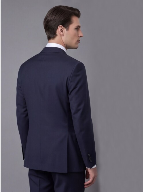 Lacivert Yünlü Sivri Yaka Comfort Fit Takım Elbise