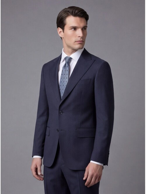 Lacivert Yünlü Sivri Yaka Comfort Fit Takım Elbise