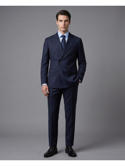 Lacivert Yünlü Sivri Yaka Kruvaze Comfort Fit Takım Elbise