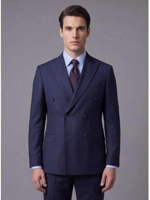 Lacivert Yünlü Sivri Yaka Kruvaze Regular Fit 6 Düğme Takım Elbise