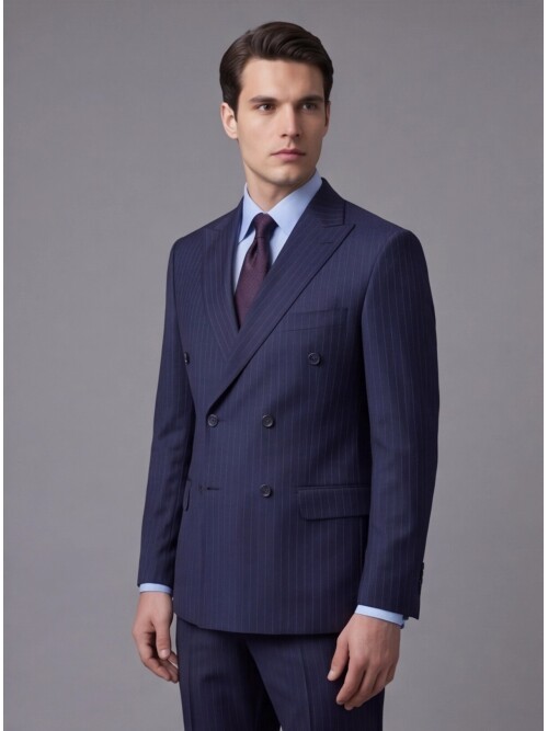 Lacivert Yünlü Sivri Yaka Kruvaze Regular Fit 6 Düğme Takım Elbise