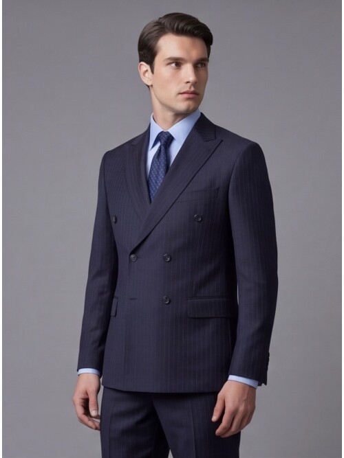 Lacivert Yünlü Sivri Yaka Kruvaze Regular Fit 6 Düğme Takım Elbise