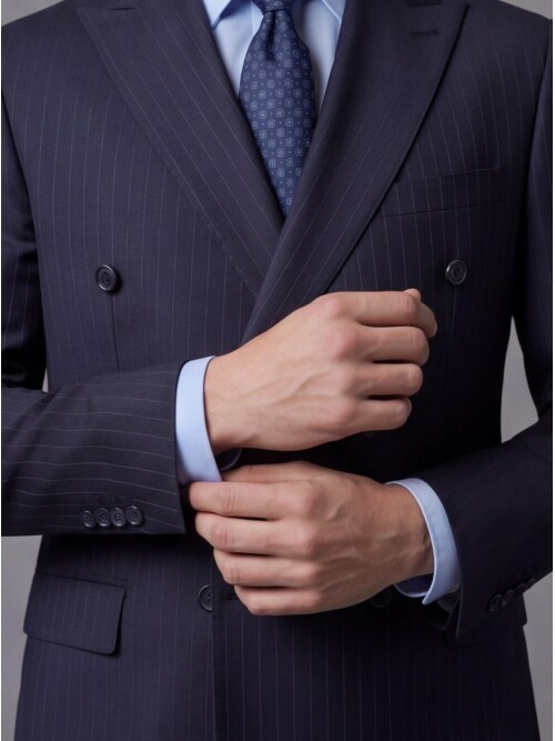 Lacivert Yünlü Sivri Yaka Kruvaze Regular Fit 6 Düğme Takım Elbise