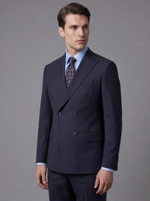 Lacivert Yünlü Sivri Yaka Kruvaze Regular Fit 6 Düğme Takım Elbise