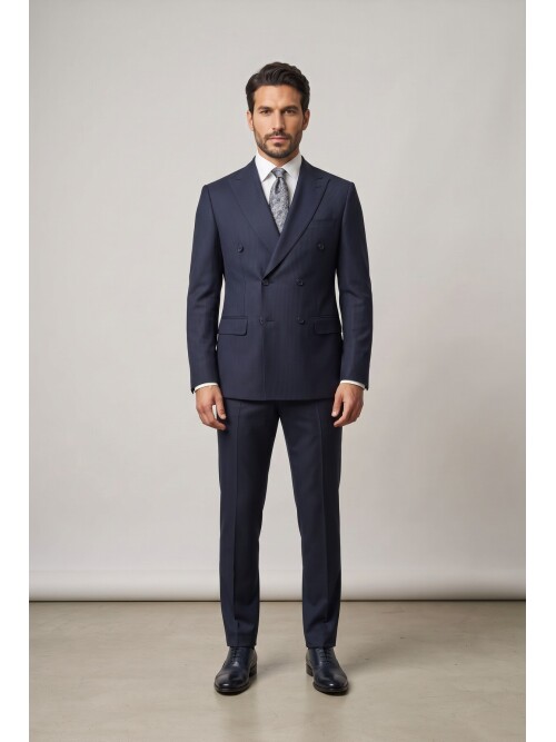 Blue Striped Peak Lapel Double Breasted 6 Button Comfort Fit Suit