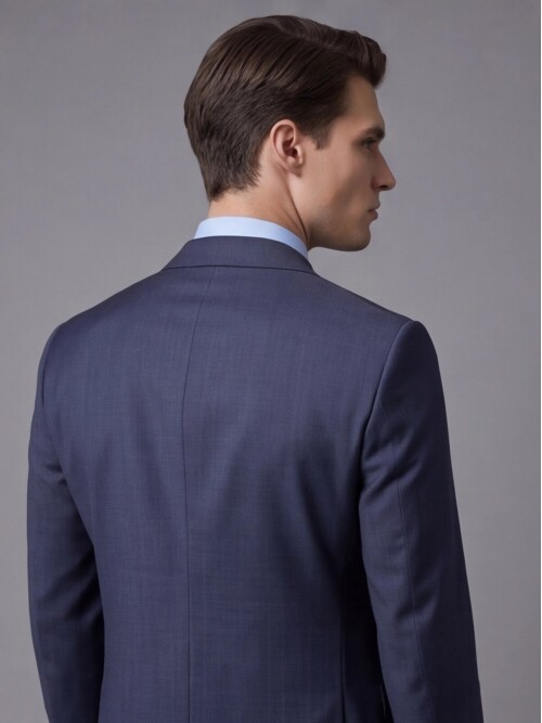 Mavi Çizgili Yünlü Mono Yaka Regular Fit 2 Düğme Takım Elbise