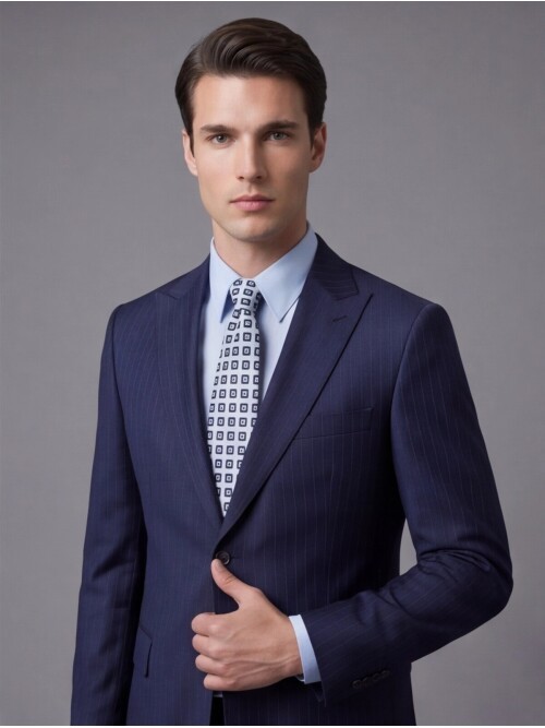 Mavi Çizgili Yünlü Sivri Yaka Regular Fit Takım Elbise