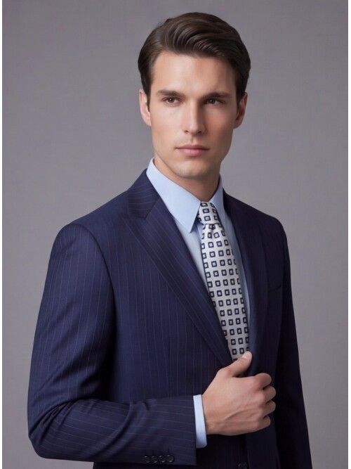 Mavi Çizgili Yünlü Sivri Yaka Regular Fit Takım Elbise