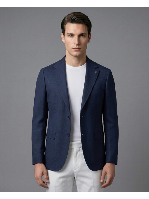 Blue Regular Fit Notch Lapel Two-Button Flap Pocket Blazer
