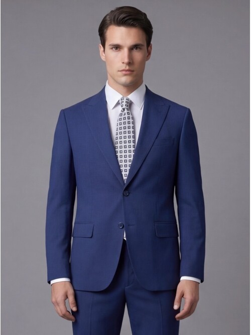 Mavi Sivri Yaka İki Düğmeli Slim Fit Takım Elbise